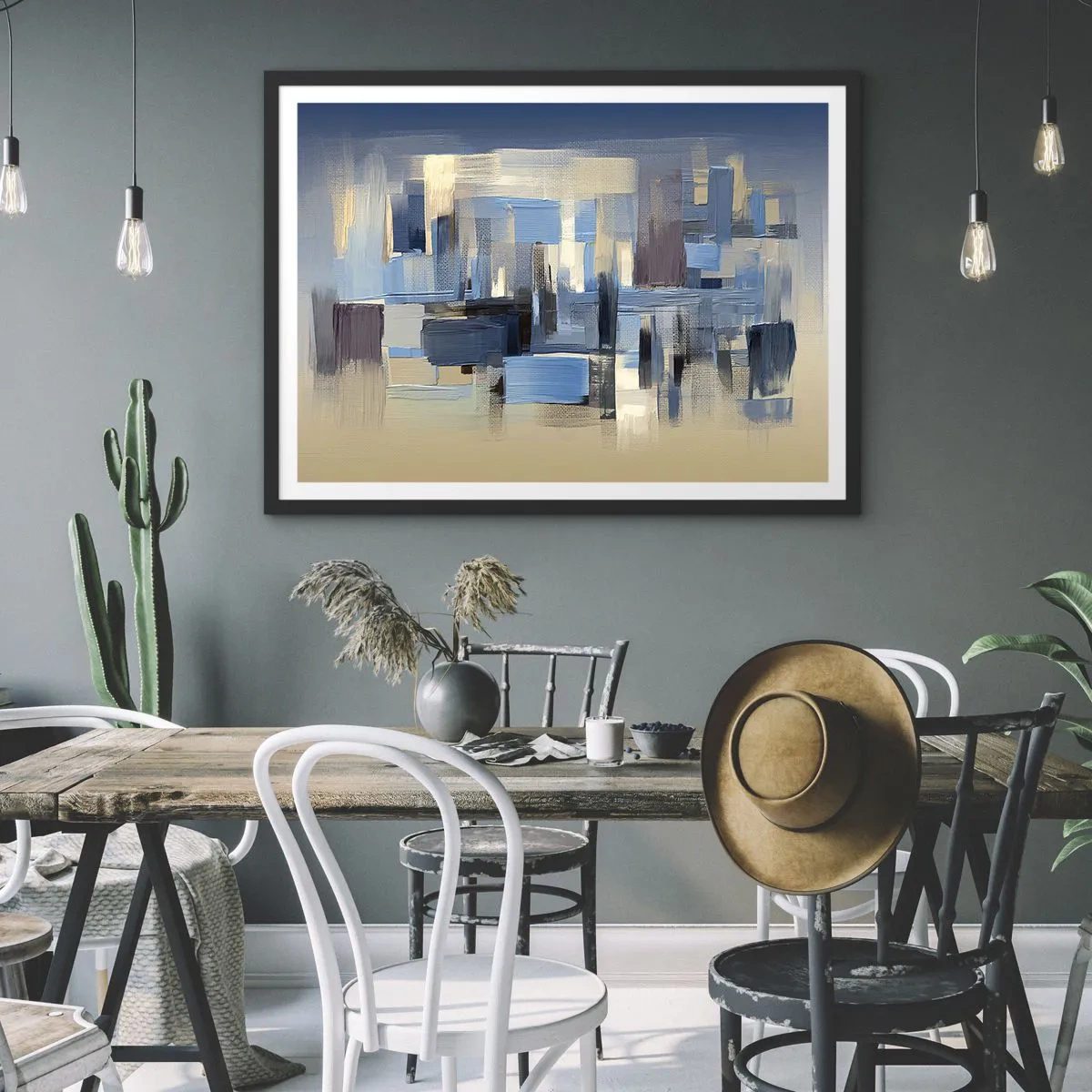 Affiche dans un cadre noir - Poster - Formes géométriques dans les tons de bleu et de beige - 100x70cm - Construction bleue - Décoration murale moderne pour le salon et la chambre ARTTOR