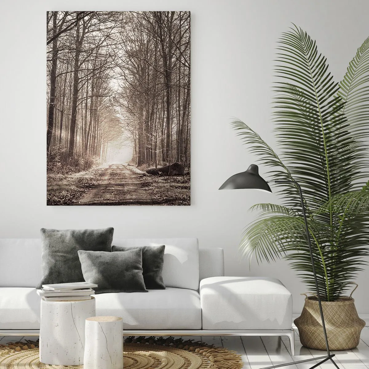 Impression sur verre - Image sur verre - Un chemin forestier parmi des arbres aux tons sépia - 70x100cm - Cathédrale de la forêt - Décoration murale moderne pour le salon et la chambre ARTTOR