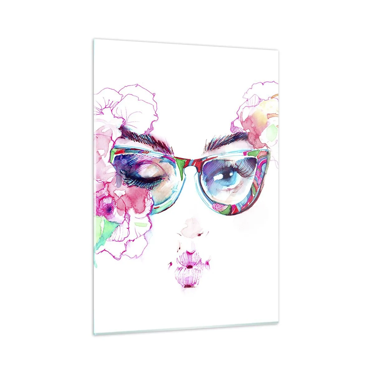 Impression sur verre - Image sur verre - Yeux de femmes avec des fleurs et des lunettes colorées dans un style aquarelle - 50x70cm - Une promesse tentante - Décoration murale moderne pour le salon et la chambre ARTTOR