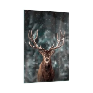 Impression sur verre - Image sur verre - Cerf dans une forêt d'hiver avec de la neige qui tombe - 80x120cm - Roi de la forêt couronné - Décoration murale moderne pour le salon et la chambre ARTTOR