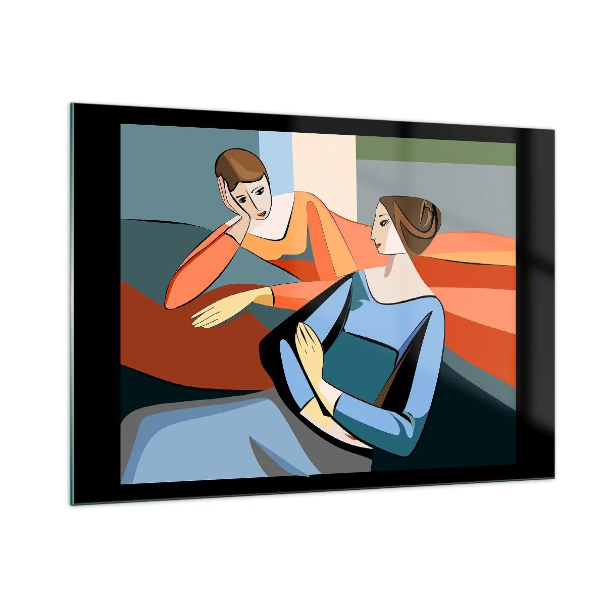Impression sur verre - Image sur verre - Une scène géométrique d'une conversation entre deux femmes sur fond d'intérieur. - 100x70cm - Un moment de confiance - Décoration murale moderne pour le salon et la chambre ARTTOR