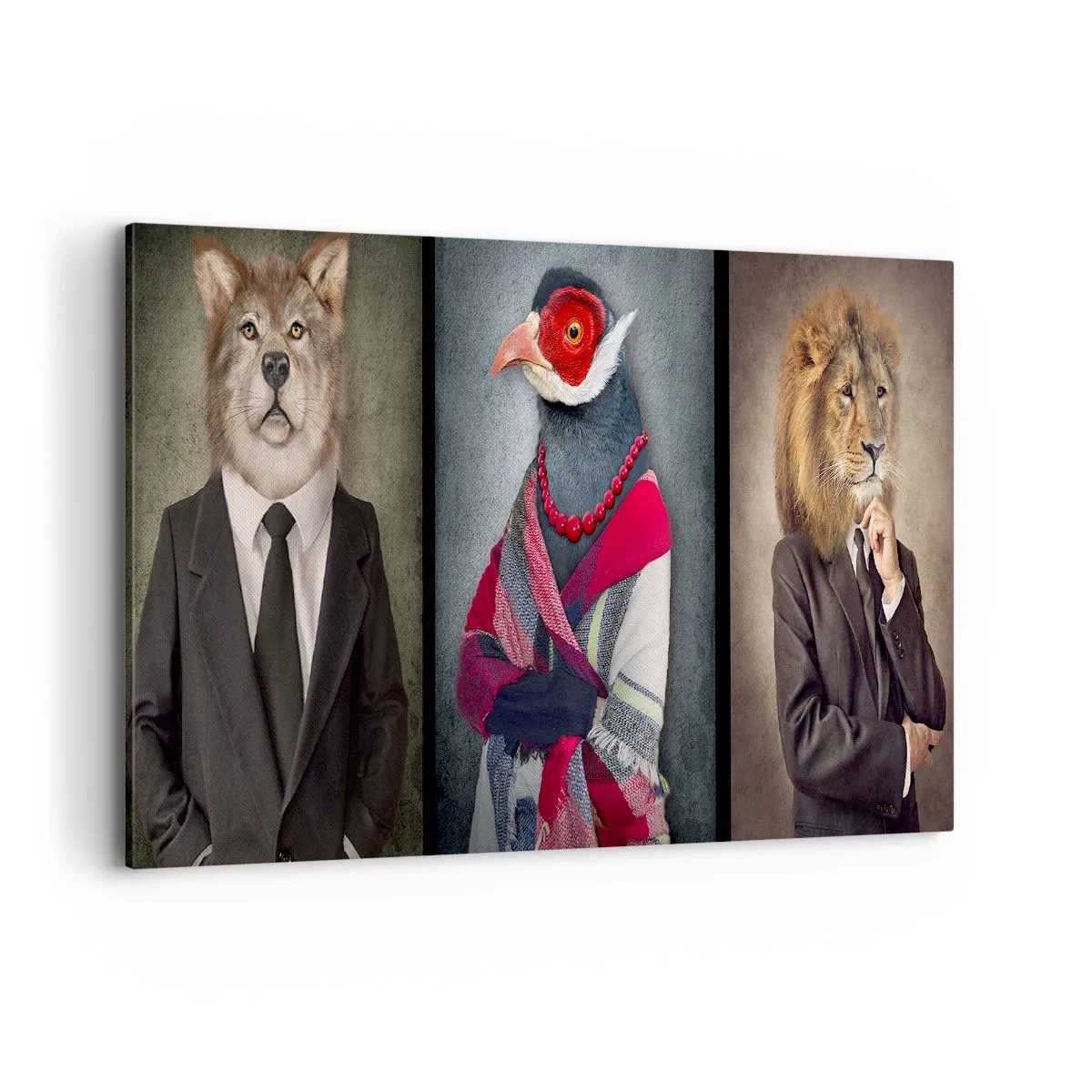 Impression sur toile - Image sur toile - Portraits stylisés d'un loup, d'un faisan et d'un lion en vêtements élégants - 120x80cm - Qu'est ce que je fais ici?! - Décoration murale moderne pour le salon et la chambre ARTTOR