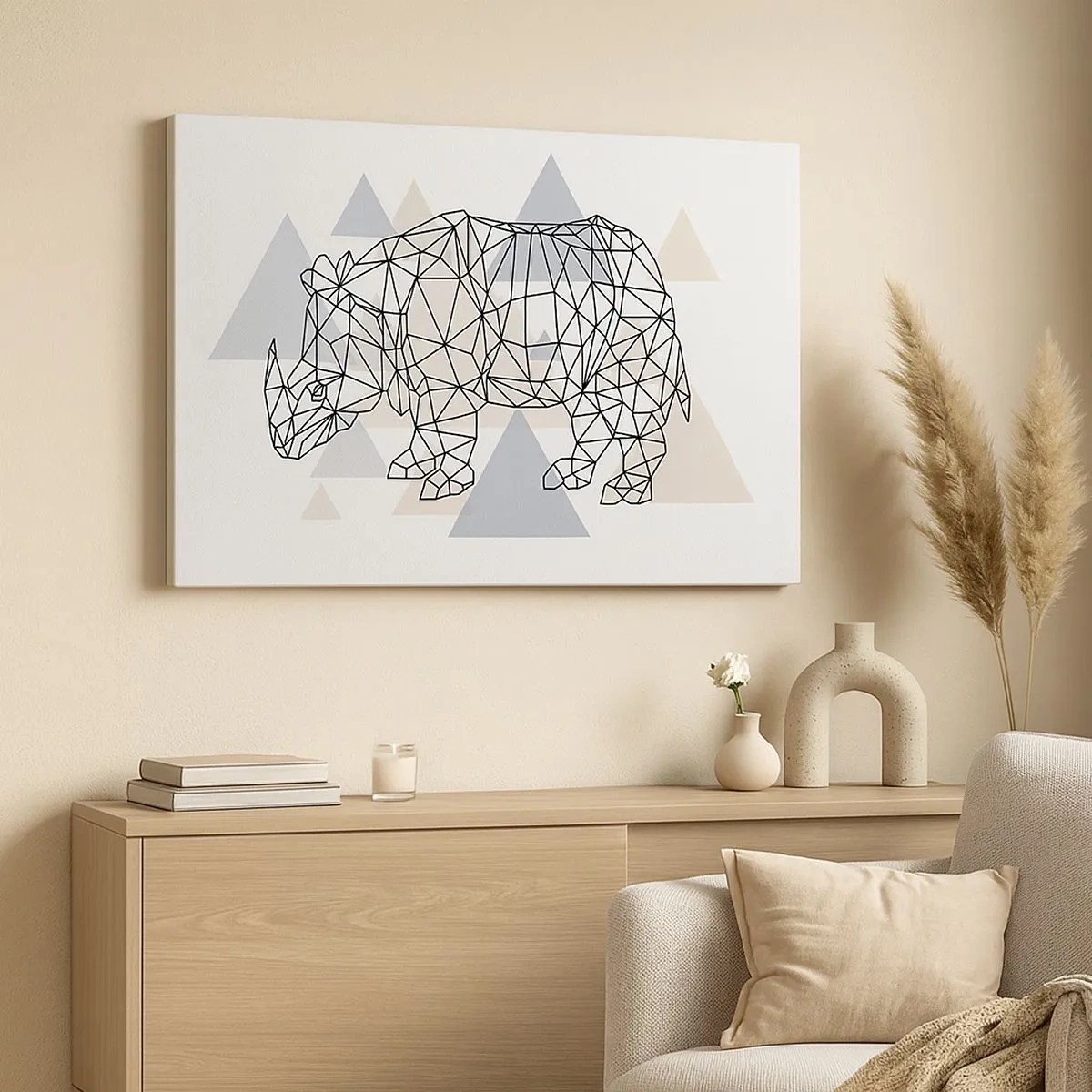 Impression sur toile - Image sur toile - Rhinocéros géométrique sur fond de triangles délicats - 70x50cm - Structure de force - Décoration murale moderne pour le salon et la chambre ARTTOR