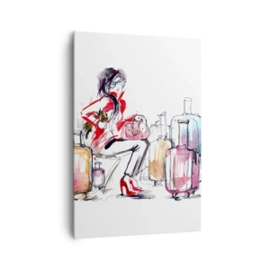Impression sur toile - Image sur toile - Une femme avec des valises dans une illustration aquarelle dynamique - 70x100cm - Asseyons-nous avant le voyage - Décoration murale moderne pour le salon et la chambre ARTTOR