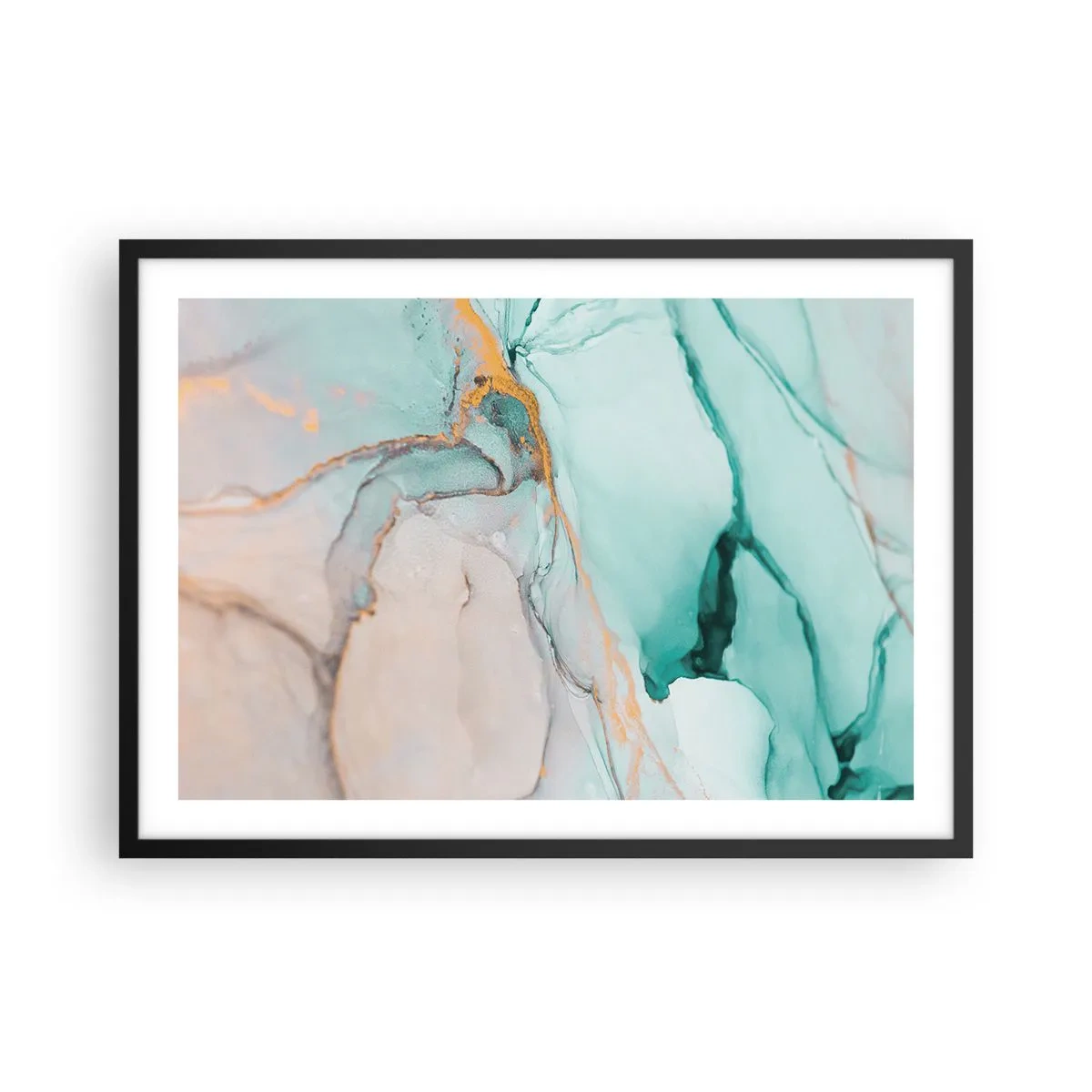 Affiche dans un cadre noir - Poster - Une composition abstraite dans des tons turquoise et or. - 70x50cm - Danse des formes et des couleurs - Décoration murale moderne pour le salon et la chambre ARTTOR