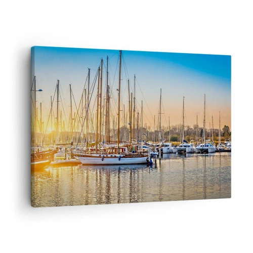 Impression sur toile - Image sur toile - Coucher de soleil sur une marina pleine de voiliers - 70x50cm - Le vent aussi doit dormir - Décoration murale moderne pour le salon et la chambre ARTTOR