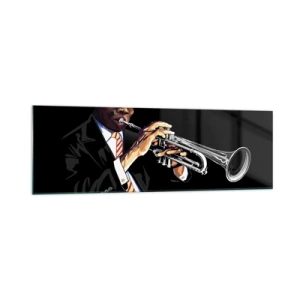 Impression sur verre - Image sur verre - Un musicien jouant de la trompette sur un fond noir - 160x50cm - Le charme de la vieille école - Décoration murale moderne pour le salon et la chambre ARTTOR