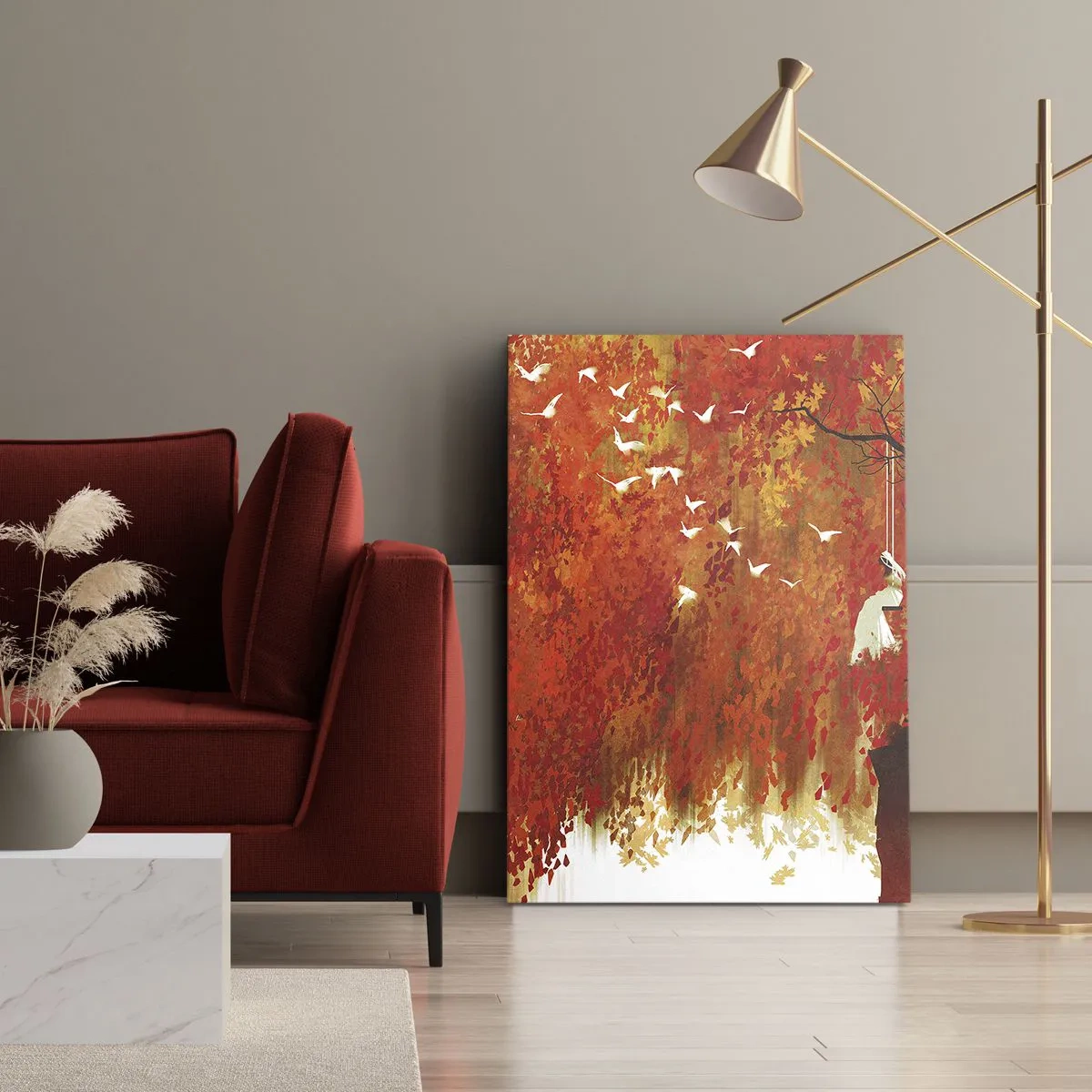 Impression sur toile - Image sur toile - Une silhouette sur une balançoire près d'un arbre entouré de feuilles rouges - 80x120cm - S'envolera-t-il avec eux ? - Décoration murale moderne pour le salon et la chambre ARTTOR