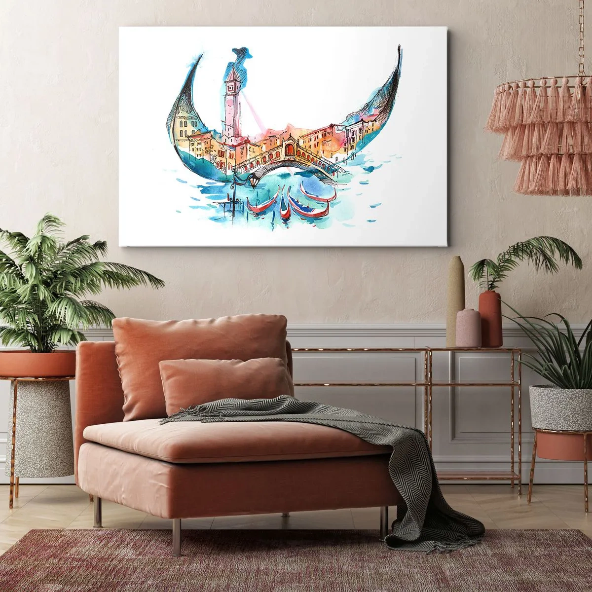Impression sur toile - Image sur toile - Une composition à l'aquarelle de Venise en forme de gondole - 70x50cm - Nous naviguons à travers la ville - Décoration murale moderne pour le salon et la chambre ARTTOR
