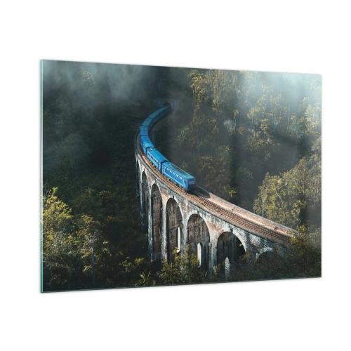 Impression sur verre - Image sur verre - Un train bleu circulant sur un viaduc en pierre dans la forêt - 100x70cm - Train nature - Décoration murale moderne pour le salon et la chambre ARTTOR
