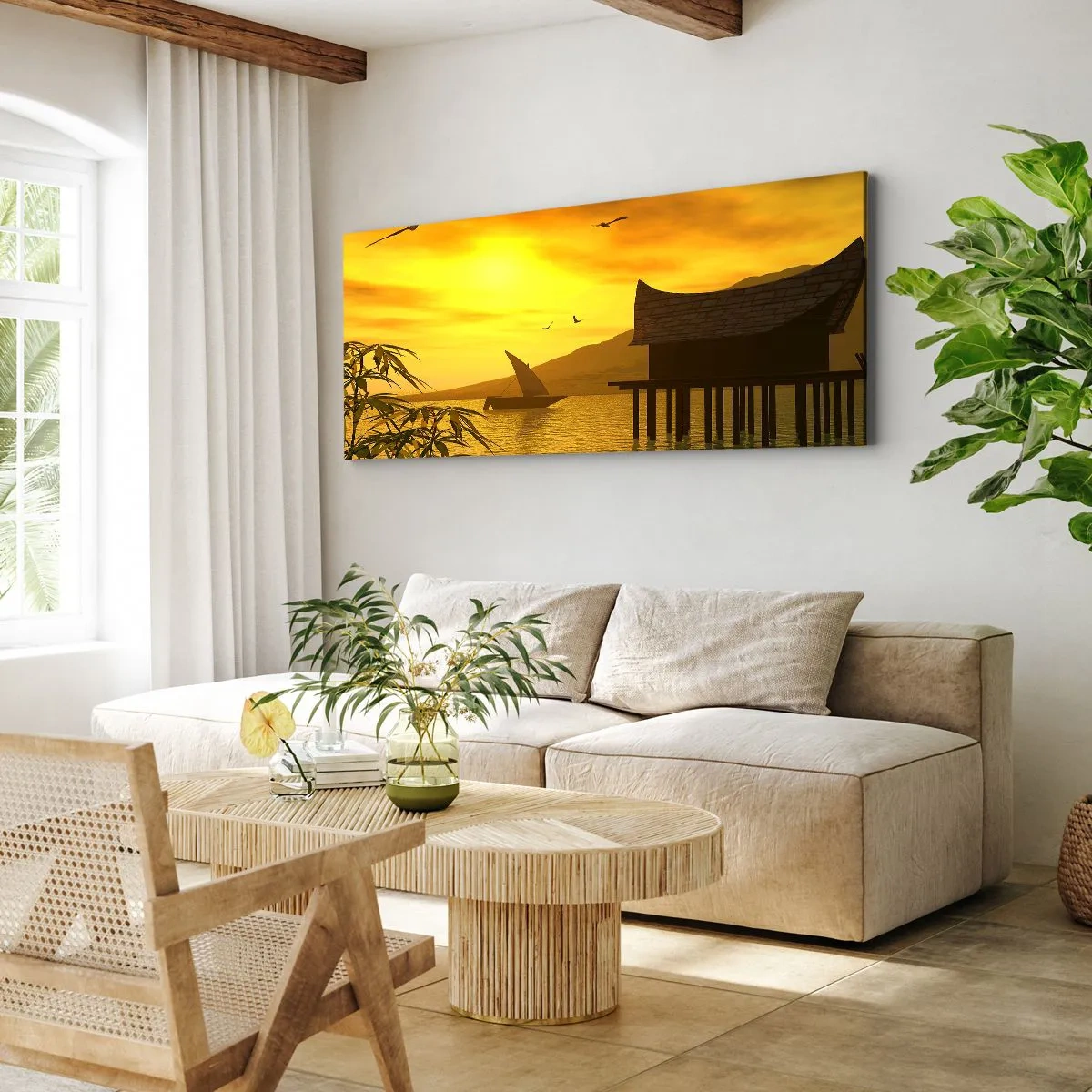 Impression sur toile - Image sur toile - Coucher de soleil tropical sur l'eau avec une maison en bois sur pilotis. - 160x50cm - La paix tant désirée - Décoration murale moderne pour le salon et la chambre ARTTOR