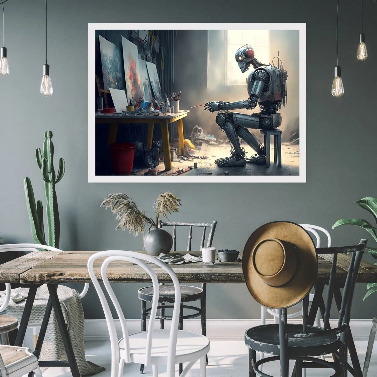 Affiche - Poster - Un robot peignant un tableau dans un atelier d'art - 100x70cm - L'acte de création - Décoration murale moderne pour le salon et la chambre ARTTOR