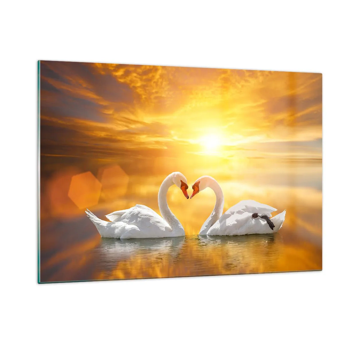 Impression sur verre - Image sur verre - Deux cygnes sur l'eau formant un cœur sur fond de coucher de soleil - 120x80cm - Le coeur est le plus beau mot du monde… - Décoration murale moderne pour le salon et la chambre ARTTOR