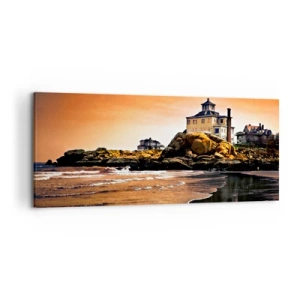 Impression sur toile - Image sur toile - Une maison sur un rocher près de la plage au coucher du soleil avec son reflet dans l'eau - 120x50cm - L'élégance de la côte ouest - Décoration murale moderne pour le salon et la chambre ARTTOR