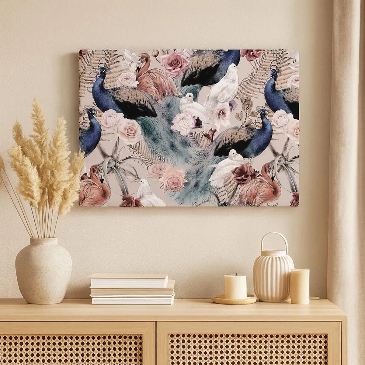 Impression sur toile - Image sur toile - Un paysage avec des plumes de paon, des roses et des oiseaux dans un style romantique. - 70x50cm - Dans un jardin de palace - Décoration murale moderne pour le salon et la chambre ARTTOR