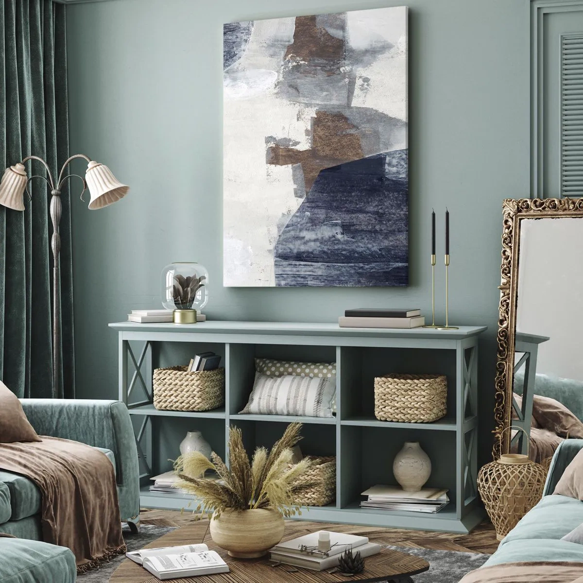 Impression sur toile - Image sur toile - Formes bleues et brunes - 55x100 cm