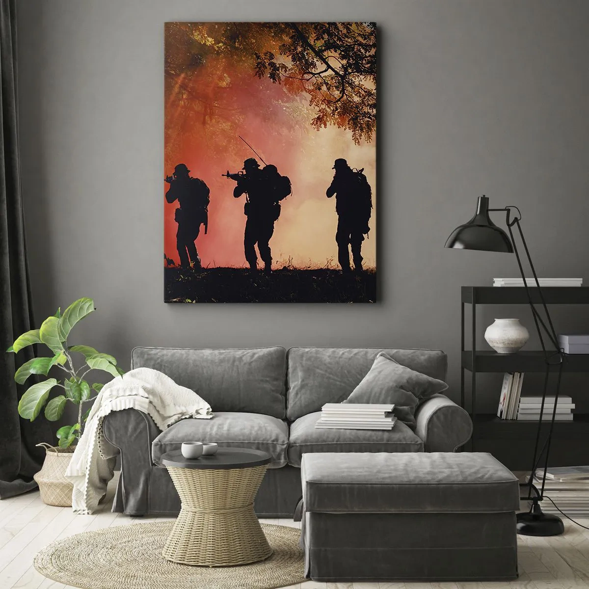 Impression sur toile - Image sur toile - Silhouettes de soldats dans la forêt contre le ciel orange - 70x100cm - … Tous pour un. - Décoration murale moderne pour le salon et la chambre ARTTOR