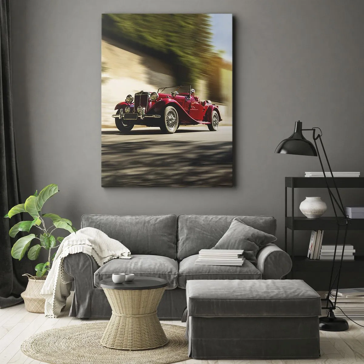 Impression sur toile - Image sur toile - Voiture classique rouge en mouvement dans une rue ensoleillée - 70x100cm - Plus belle que Nike de Samothrace - Décoration murale moderne pour le salon et la chambre ARTTOR