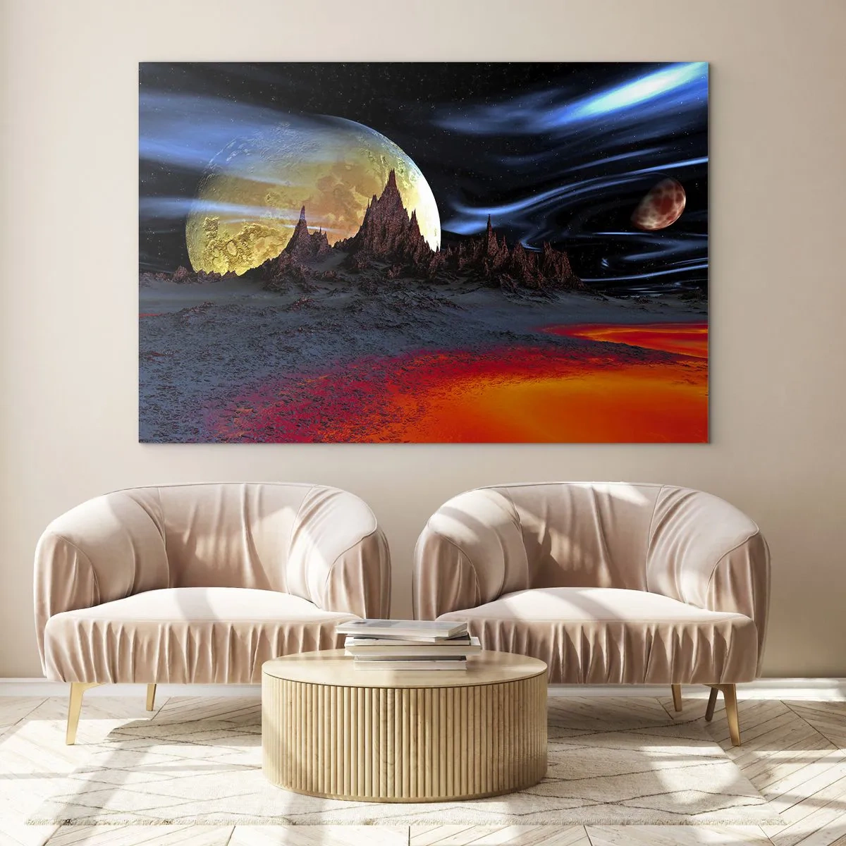 Impression sur verre - Image sur verre - Paysage extraterrestre avec une planète et un ciel coloré - 70x50cm - Monde inconnu - Décoration murale moderne pour le salon et la chambre ARTTOR