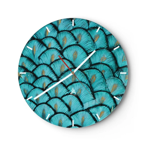 Horloge murale - Pendule murale - Gros plan de plumes de paon turquoise dans un arrangement décoratif. - 30x30cm - Le grand gala des plumes - Décoration murale moderne pour le salon, la cuisine et la chambre ARTTOR