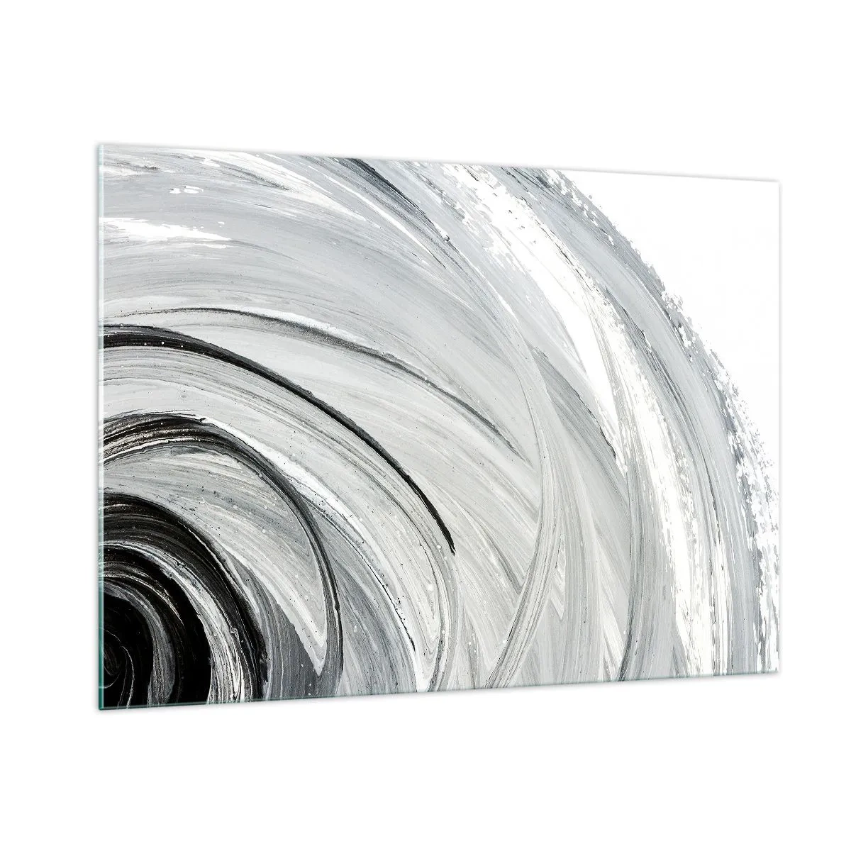 Impression sur verre - Image sur verre - Une spirale noire et blanche avec des coups de pinceau dynamiques. - 100x70cm - Composition orbitale - Décoration murale moderne pour le salon et la chambre ARTTOR