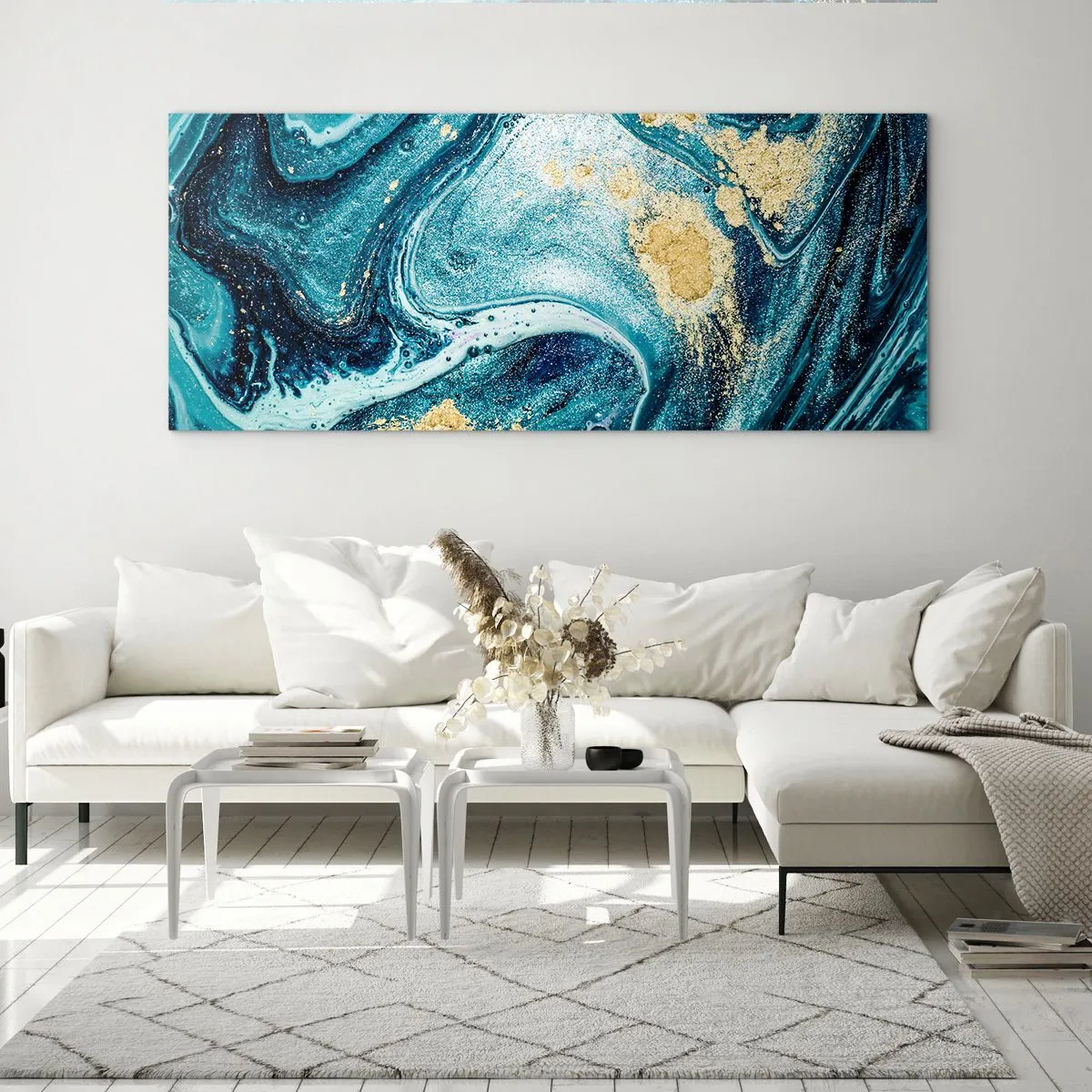 Impression sur verre - Image sur verre - Une composition abstraite de vagues et d'accents dorés - 140x50cm - Vortex bleu - Décoration murale moderne pour le salon et la chambre ARTTOR