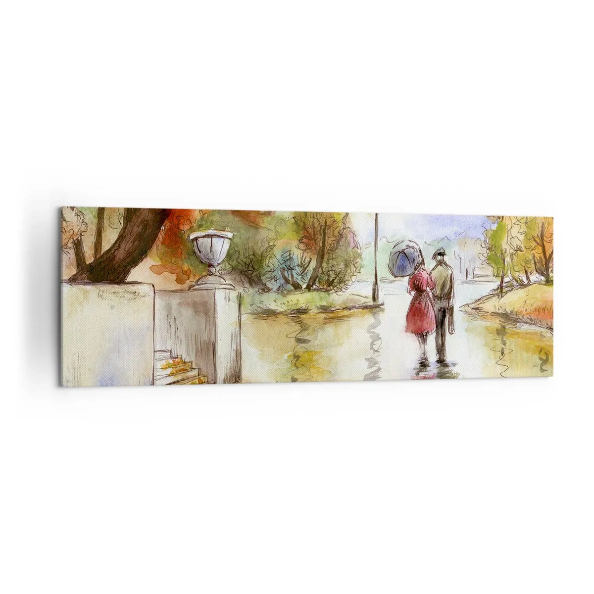 Impression sur toile - Image sur toile - Une promenade dans le parc d'automne avec un parapluie - 160x50cm - Automne romantique dans le parc - Décoration murale moderne pour le salon et la chambre ARTTOR