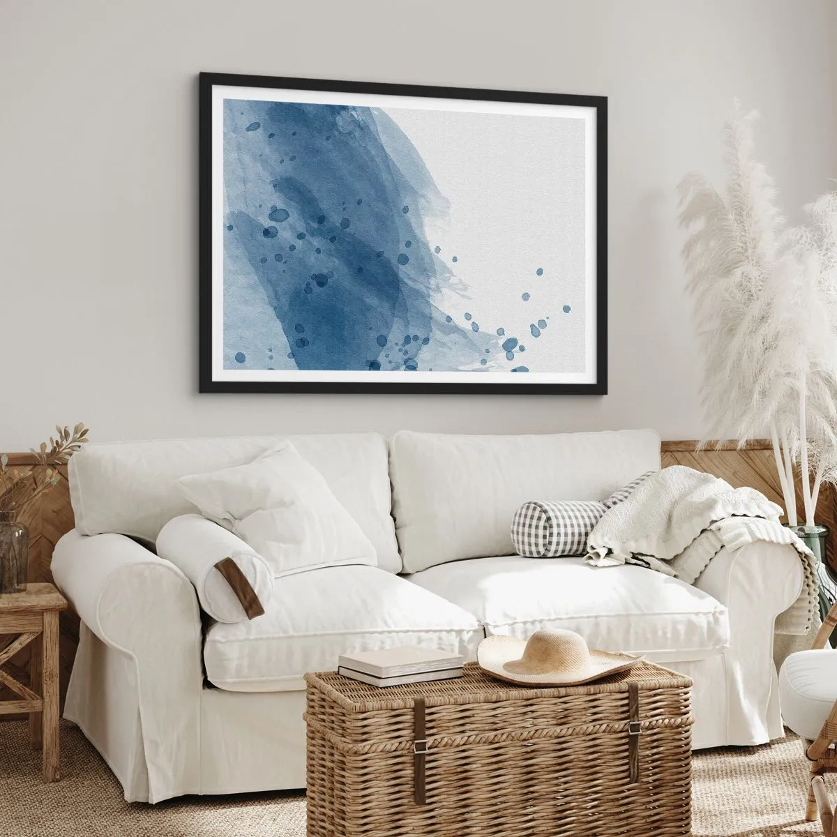 Affiche dans un cadre noir - Poster - Taches et stries abstraites dans des tons de bleu - 70x50cm - Tulle bleu - Décoration murale moderne pour le salon et la chambre ARTTOR