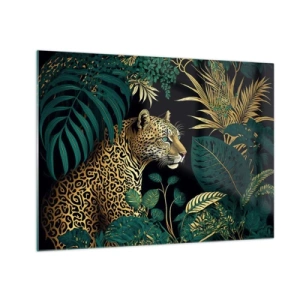 Impression sur verre - Image sur verre - Un léopard parmi des feuilles tropicales sur un fond sombre - 70x50cm - Un hôte dans la jungle - Décoration murale moderne pour le salon et la chambre ARTTOR