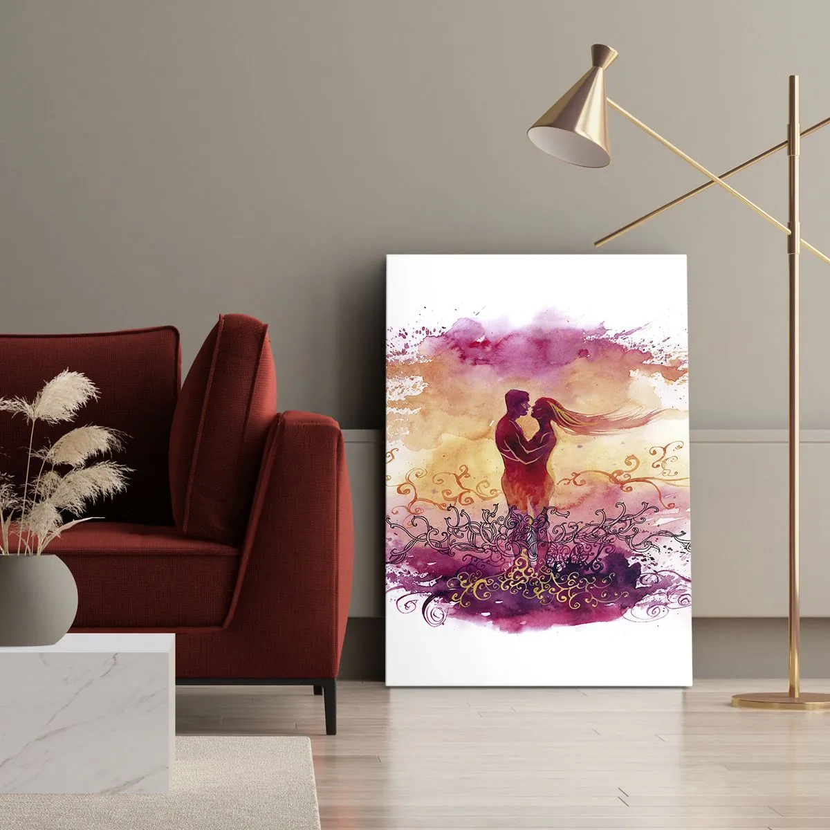 Impression sur toile - Image sur toile - Un couple s'embrassant sur un motif abstrait rose et orange - 50x70cm - Un coeur! Je n'ai pas besoin de beaucoup… - Décoration murale moderne pour le salon et la chambre ARTTOR
