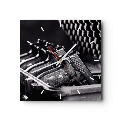 Horloge murale - Pendule murale - Une image en noir et blanc d'une pile d'armes dans une valise. - 30x30cm - Sport masculin - Décoration murale moderne pour le salon et la chambre ARTTOR