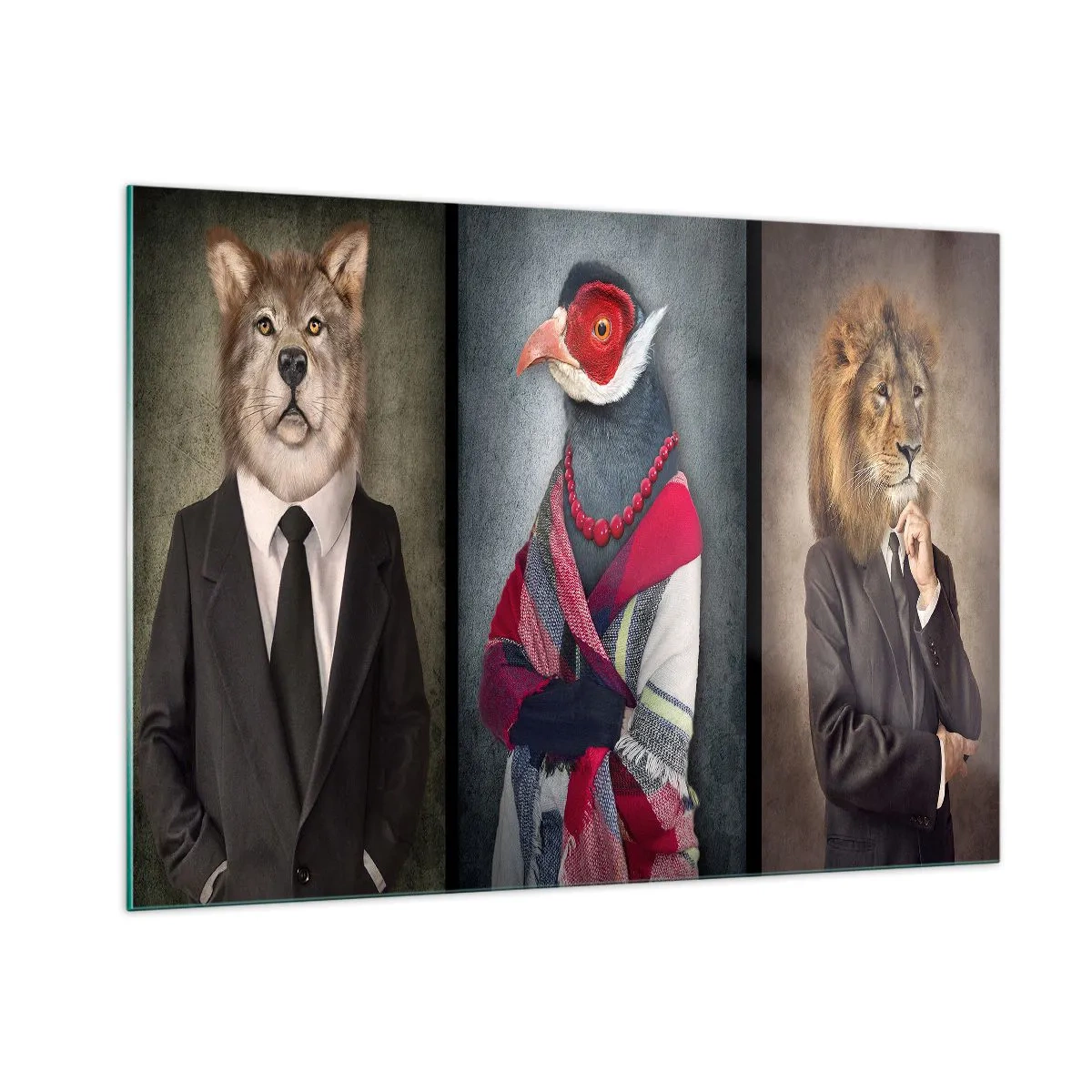 Impression sur verre - Image sur verre - Trois animaux en vêtements élégants sur un fond stylisé - 100x70cm - Qu'est ce que je fais ici?! - Décoration murale moderne pour le salon et la chambre ARTTOR