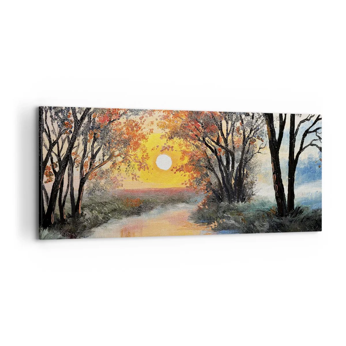 Impression sur toile - Image sur toile - Coucher de soleil sur la rivière dans un paysage d'automne - 120x50cm - Climats de printemps - Décoration murale moderne pour le salon et la chambre ARTTOR