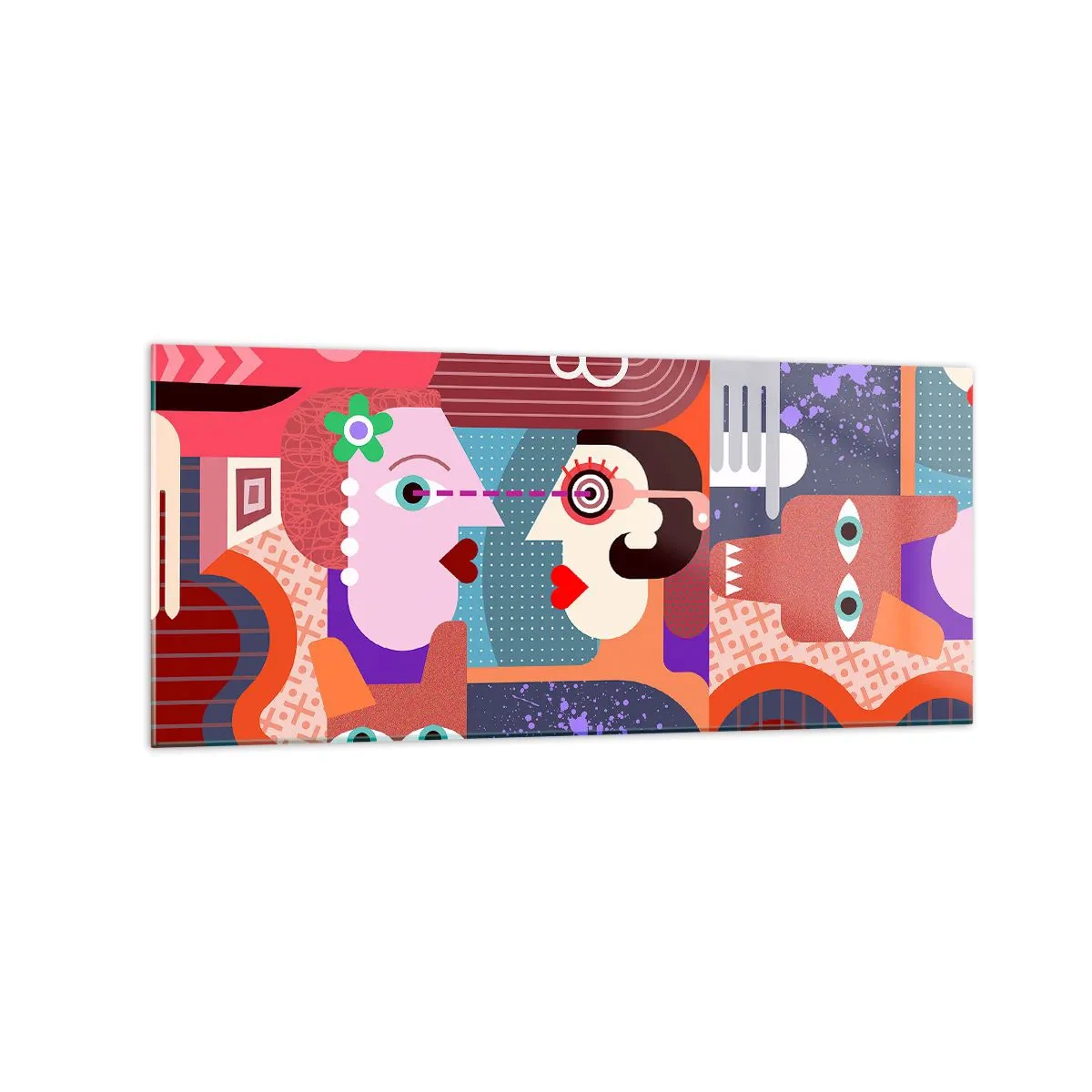 Impression sur verre - Image sur verre - Figures abstraites aux couleurs vives - 120x50cm - Les yeux dans les yeux - Décoration murale moderne pour le salon et la chambre ARTTOR