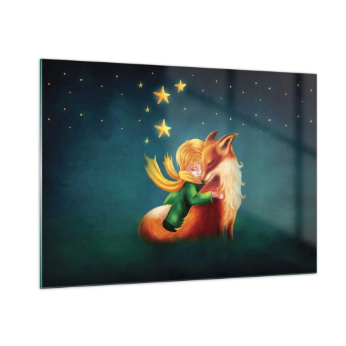 Impression sur verre - Image sur verre - Le Petit Prince serrant un renard dans ses bras sous un ciel étoilé - 100x70cm - Petit Prince - Décoration murale moderne pour le salon et la chambre ARTTOR