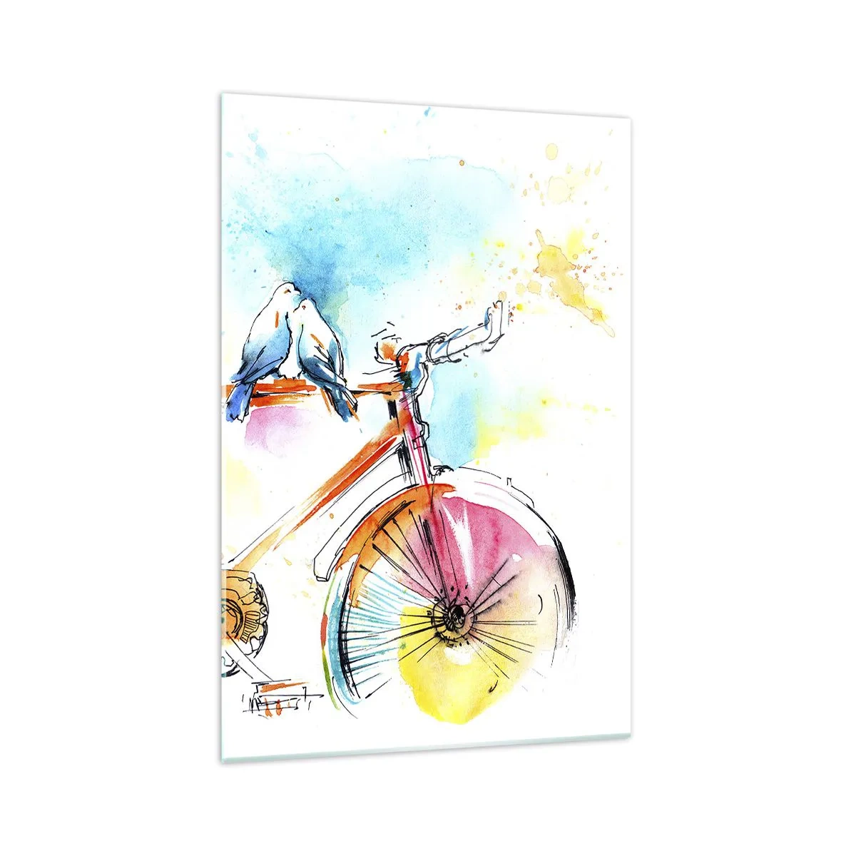 Impression sur verre - Image sur verre - Aquarelle colorée d'un vélo avec des oiseaux assis dessus - 70x100cm - À deux en vélo - Décoration murale moderne pour le salon et la chambre ARTTOR
