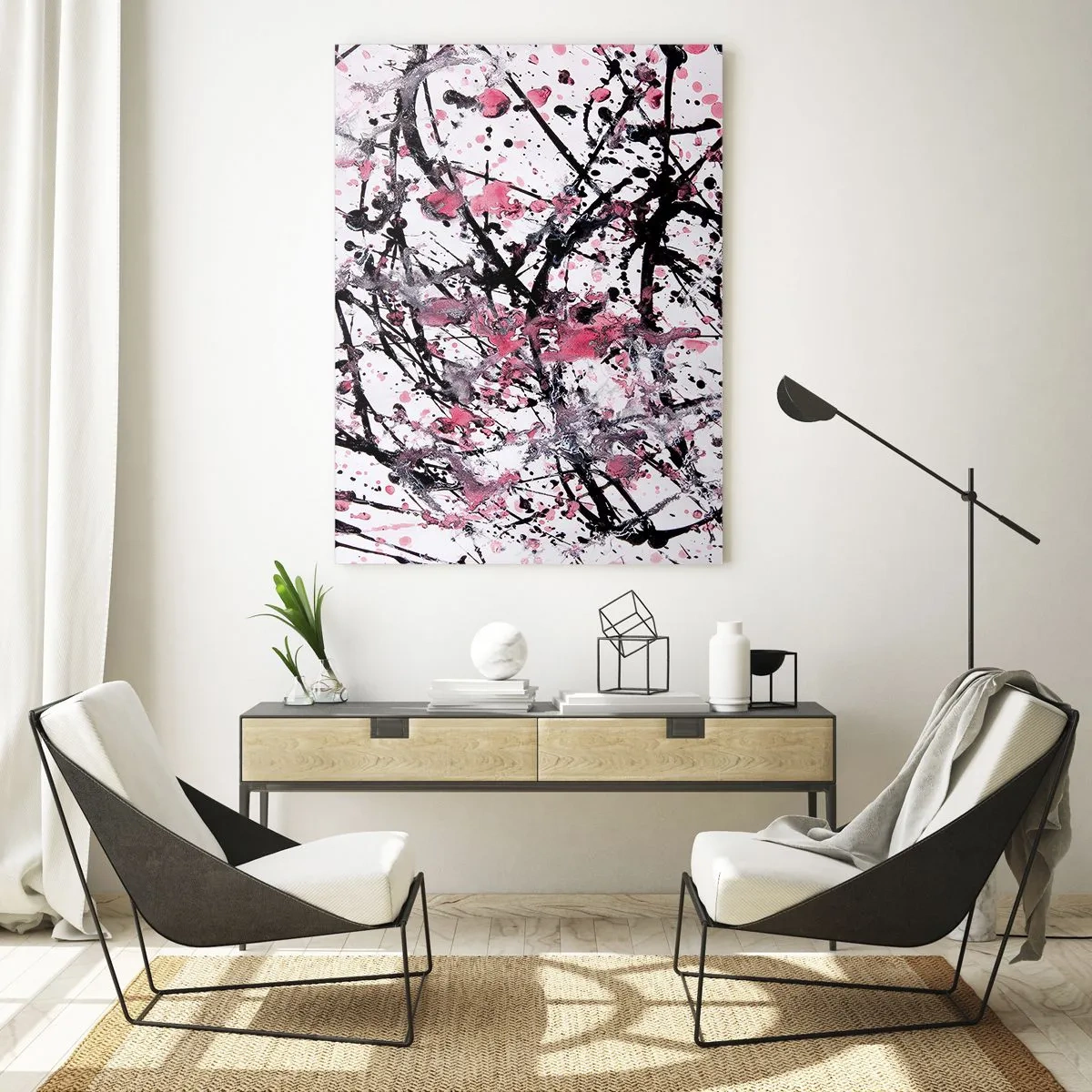 Impression sur verre - Image sur verre - Motif abstrait dans les tons de rose, noir et blanc - 70x100cm - La nature éphémère de la vie - Décoration murale moderne pour le salon et la chambre ARTTOR