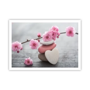 Affiche - Poster - Fleurs de cerisier délicates avec des pierres en forme de cœur - 100x70cm - Le bonheur avec une fleur de cerisier - Décoration murale moderne pour le salon et la chambre ARTTOR