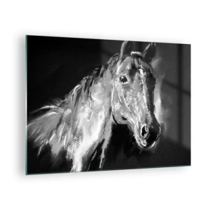 Impression sur verre - Image sur verre - Portrait d'un cheval dans les tons de noir et blanc sur fond sombre - 70x50cm - L'éclat d'une âme noble - Décoration murale moderne pour le salon et la chambre ARTTOR