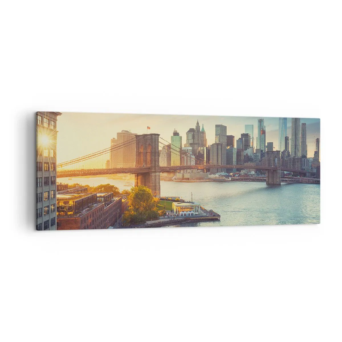 Impression sur toile - Image sur toile - Panorama de la ville avec le pont au coucher du soleil - 140x50cm - L'aube de la grande ville - Décoration murale moderne pour le salon et la chambre ARTTOR