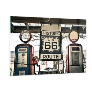 Impression sur verre - Image sur verre - Pompes à essence vintage et panneau de la Route 66 - 120x80cm - Voyage rétro américain - Décoration murale moderne pour le salon et la chambre ARTTOR