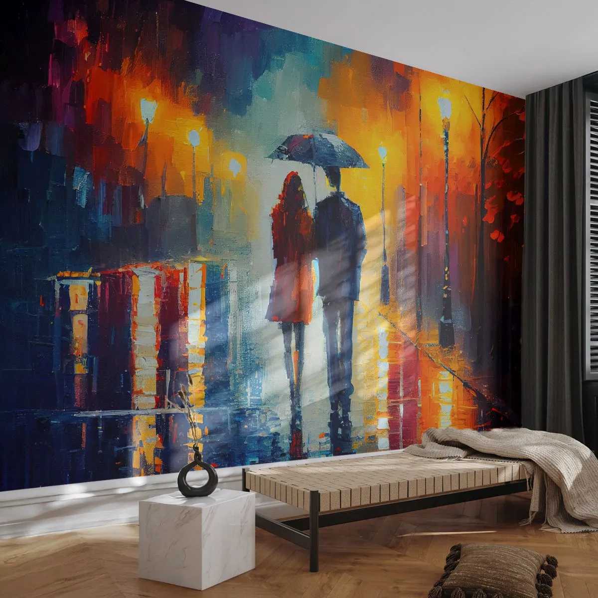 Papier Peint Photo Premium Sand - Un couple sous un parapluie marchant la nuit à la lumière d'un lampadaire - 100x70cm - Ensemble – une nuit colorée - Décoration murale moderne pour le salon et la chambre ARTTOR