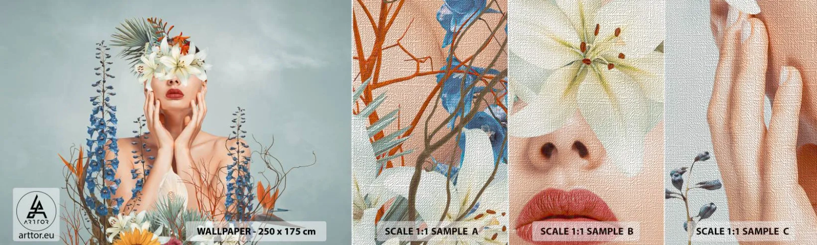 Échantillon de Papier Peint Premium Canvas - Femme - fleur - Abstraction, Femme, Fleurs - 100x30 cm