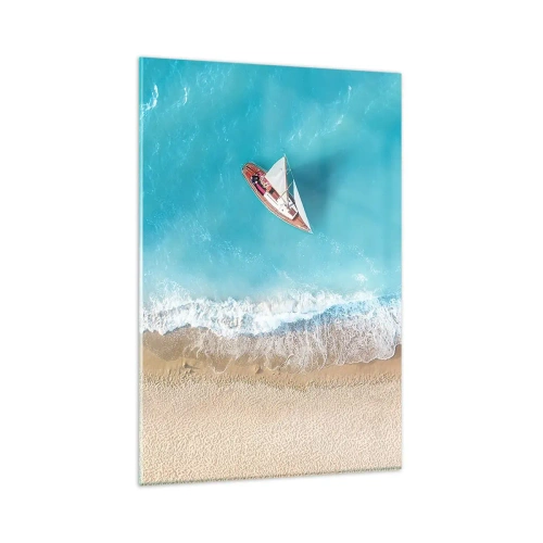 Impression sur verre - Image sur verre - Vue aérienne d'un bateau sur la plage - 80x120cm - A la frontière de l'azur et de l'or - Décoration murale moderne pour le salon et la chambre ARTTOR