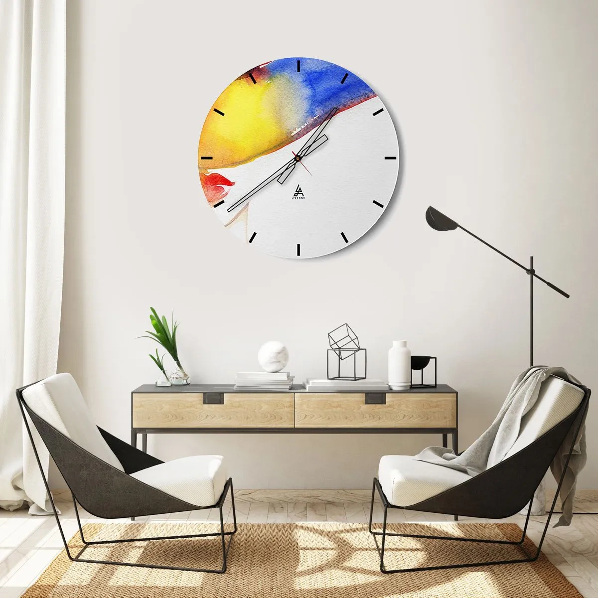 Horloge murale - Pendule murale - Portrait abstrait avec des touches d'aquarelle - 30x30cm - Portrait d'une dame - Décoration murale moderne pour le salon, la cuisine et la chambre ARTTOR