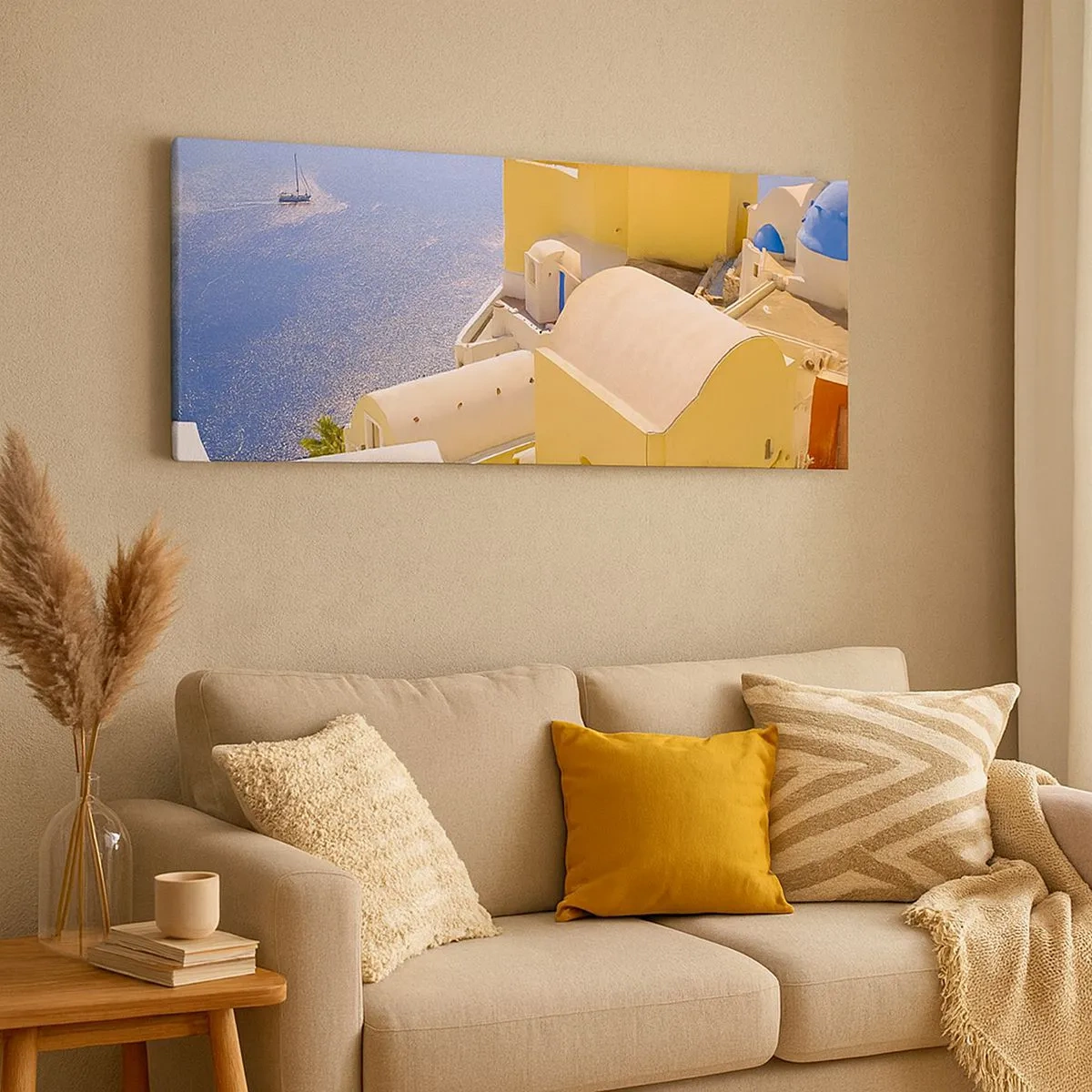 Impression sur toile - Image sur toile - Paysage grec en blanc et bleu ciel - 100x40 cm