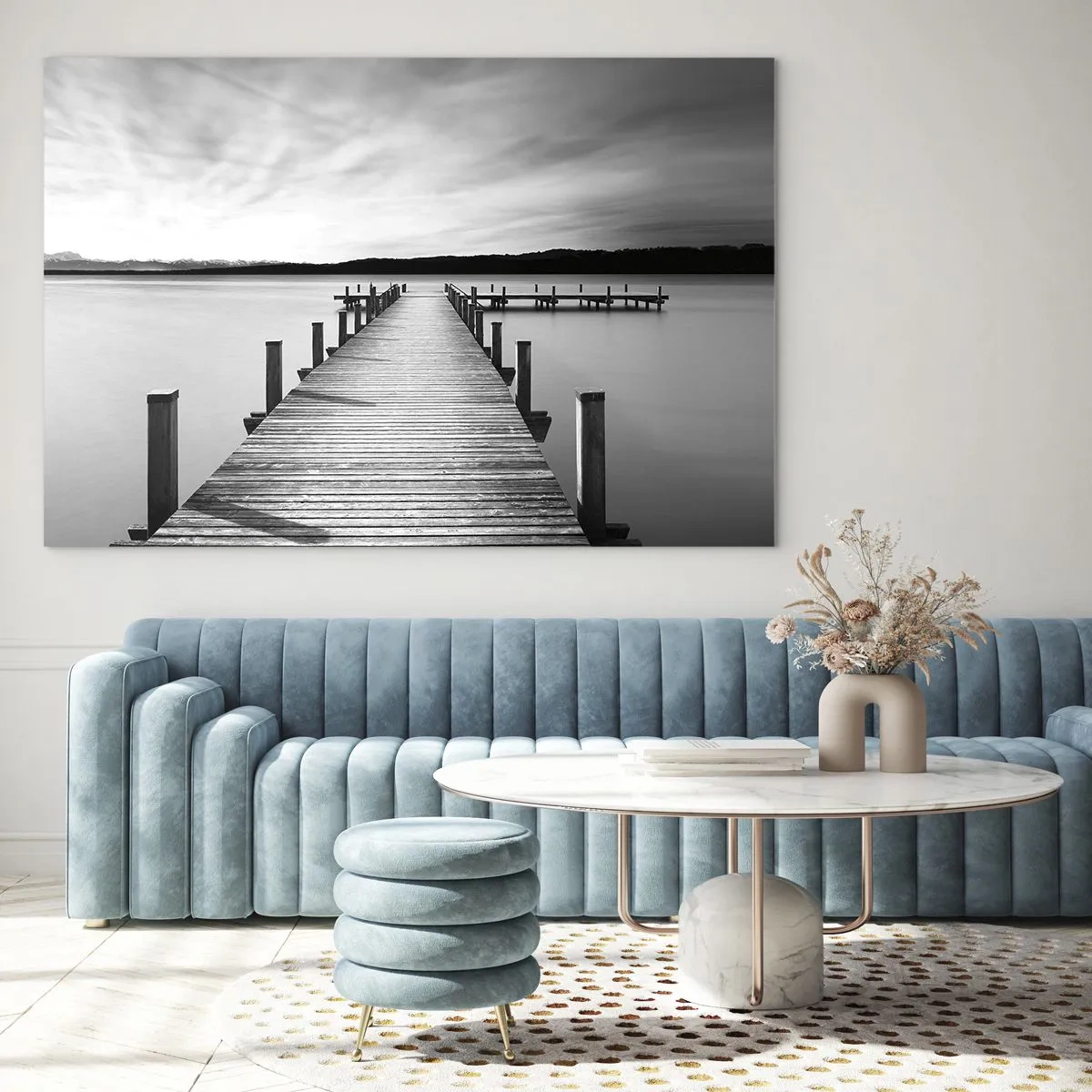 Impression sur verre - Image sur verre - Une jetée en bois mène au loin à travers un lac calme - 70x50cm - Au point d'eau - la paix - Décoration murale moderne pour le salon et la chambre ARTTOR