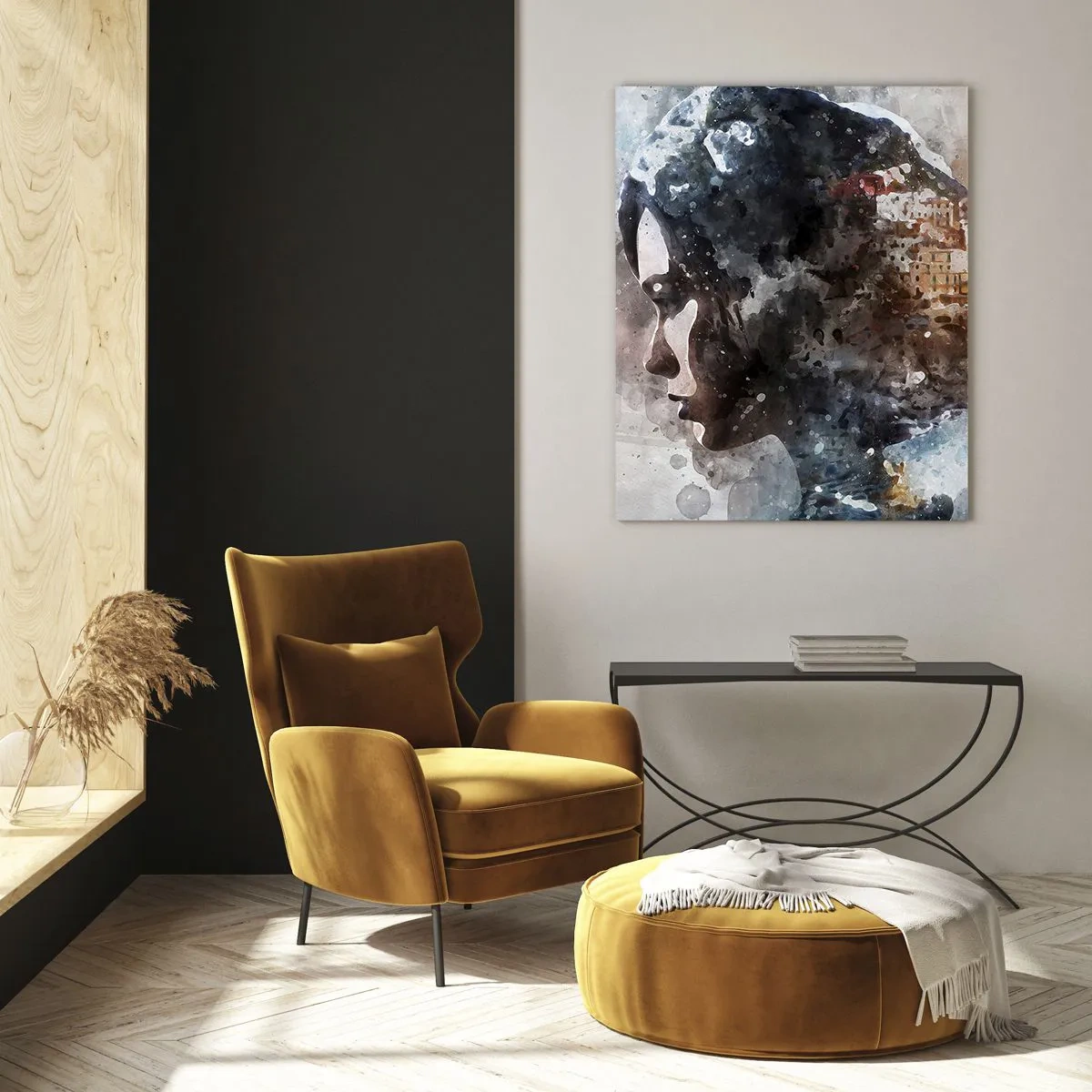 Impression sur verre - Image sur verre - Un profil de femme de style aquarelle avec une ville en arrière-plan. - 50x70cm - L'histoire d'une fille avec une ville en arrière-plan - Décoration murale moderne pour le salon et la chambre ARTTOR