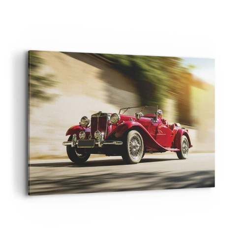 Impression sur toile - Image sur toile - Voiture classique rouge en mouvement dans une rue ensoleillée - 100x70cm - Plus belle que Nike de Samothrace - Décoration murale moderne pour le salon et la chambre ARTTOR