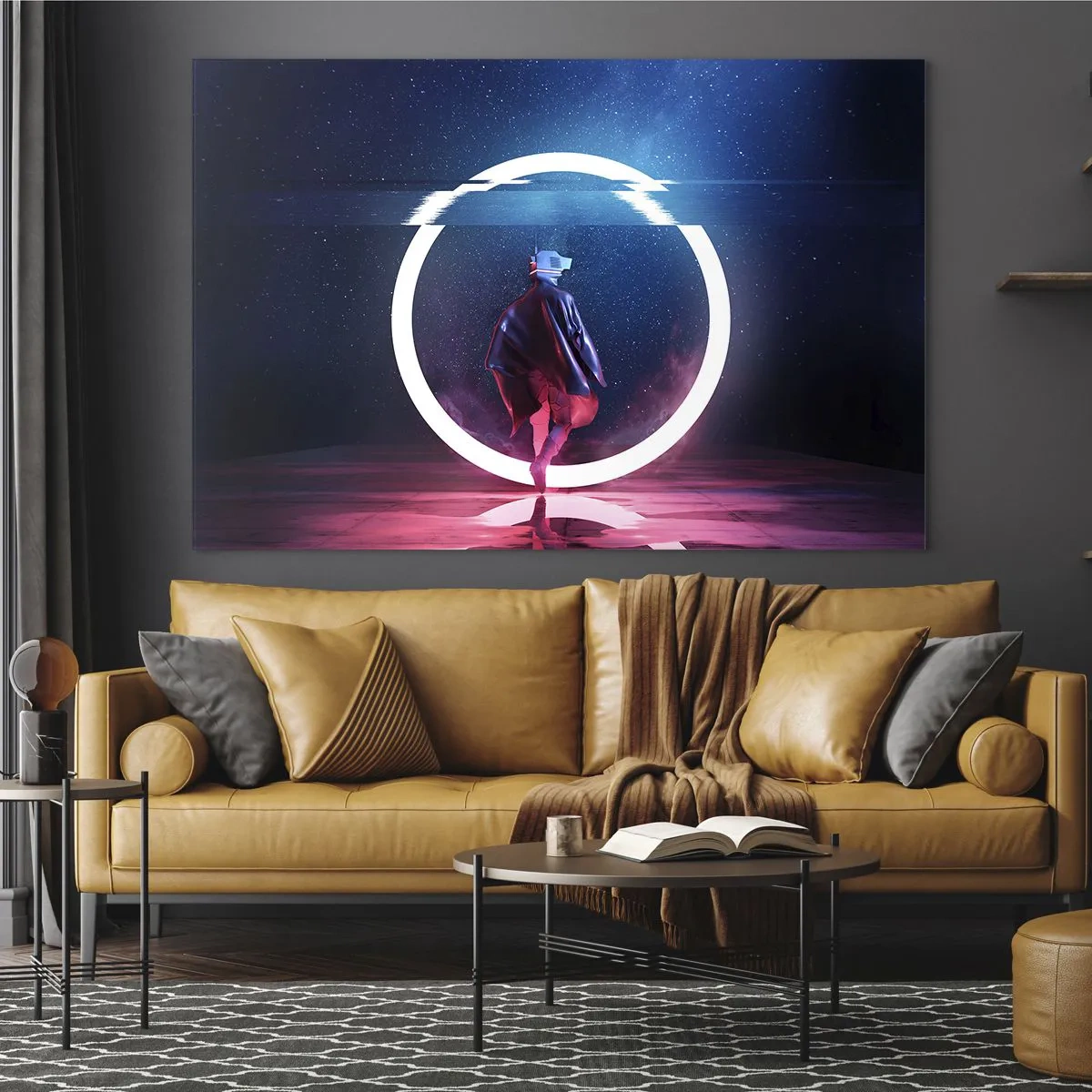 Impression sur verre - Image sur verre - Une figurine dans un décor futuriste avec un anneau néon - 120x80cm - Entre deux mondes - Décoration murale moderne pour le salon et la chambre ARTTOR